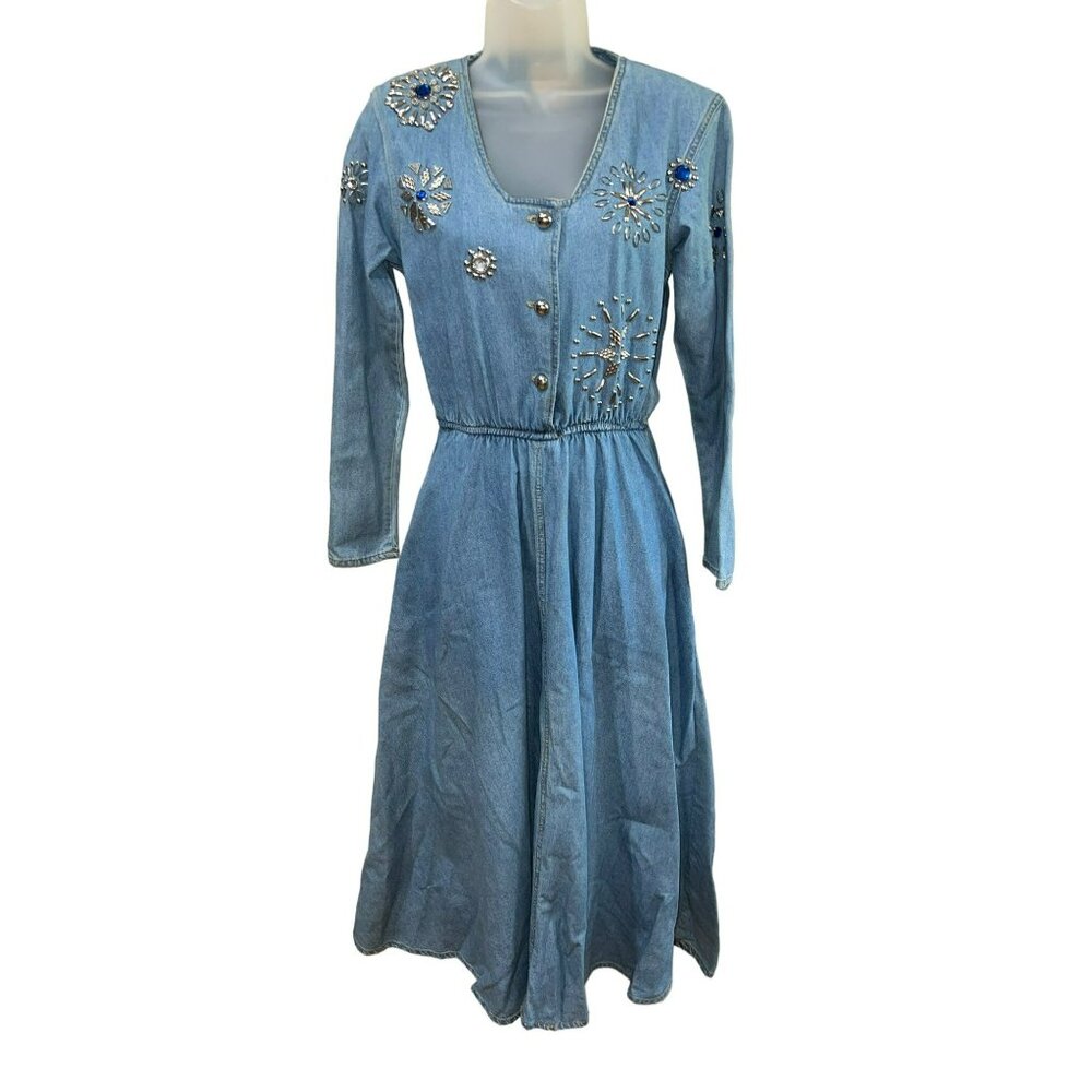 Ladies Vintage Museum Denim Maxi Studded Jeweled Dress Size Medium